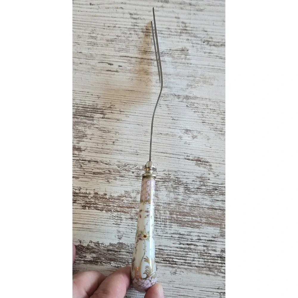 Vtg Sheffield England Porcelain Handle Serving Fork Ornate Floral 3-Tine Gold
